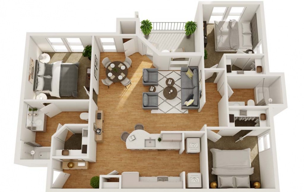 C1HC - 3 bedroom floorplan layout with 2 baths and 1262 square feet.